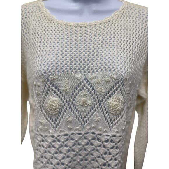 VTG HONEY Sweater PullOver Cotton Blend Knit Embroidered Crochet Long Sleeve M/L - Picture 2 of 6